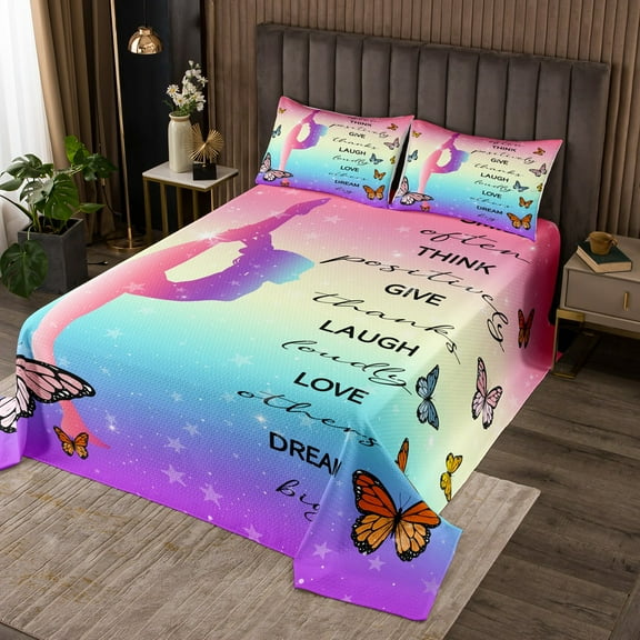 Erosebridal Gymnastics Coverlet Twin Size Teens Chic Butterfly Bedding Set, Rainbow Galaxy Bedspread Set Pink Purple Gradient Quilt Set Gymnast Dancer Gifts Bed Set 2pcs