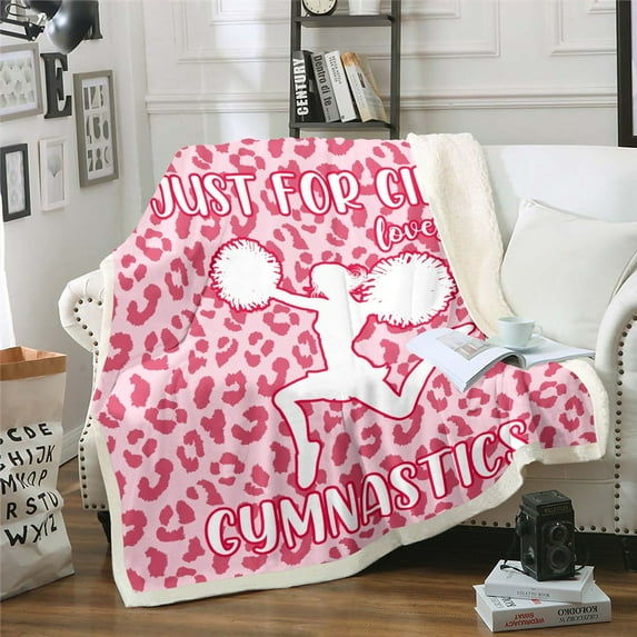 Gymnastics Throw Blanket,Pink Leopard Print Cute Blanket Women Bedroom Decor,Gymnast Sports Game Fleece Blanket Cheetah Print Sherpa Blanket 50"x60"