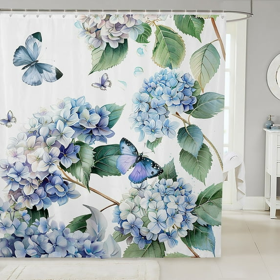 Hydrangea Floral Waterproof Bathroom Curtain Blue Purple Butterfly Shower Curtain 72x84,Vintage Flower Bath Curtain Cute Animal Waterproof Fabric Spring Botanical Room Decorration