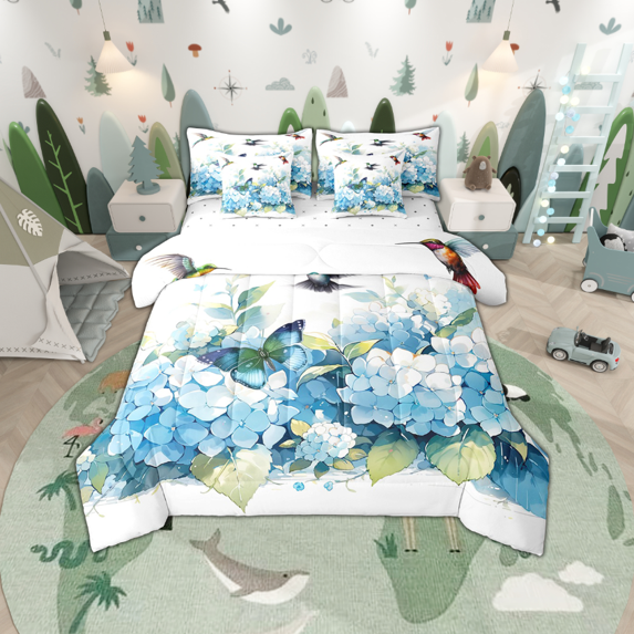 Hydrangea Flower Bedding Comforter Sets 7Pcs Hummingbird Butterfly Bed In A Bag,Blue Floral Queen Bedding Sets Green Leaf Sheet Set With Comforter Spring Blossoms Bedroom Decor