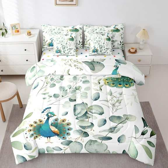 Kawaii Animal Bed in a Bag 7-Piece Cute Peacock Bedding Set, Cartoon Wildlife Twin Comforter Set Green Leaf Bedding Comforter Sets, Spring Garden Plant Bed Set Bedroom Decor