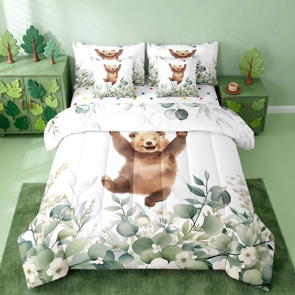 Kawaii Animal Bedding Comforter Sets 7pcs Funny Bear Bed in a Bag, Cartoon Wildlife Twin Bedding Sets Green Leaf Comforter Set, Spring Garden Plant Bedding Sets Bedroom Decor