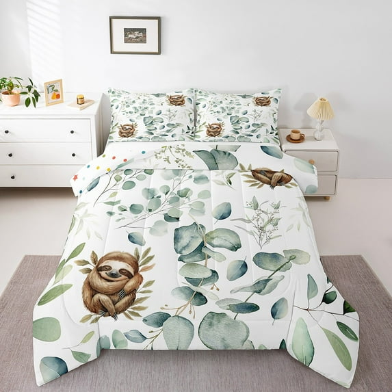 Kawaii Animal Bedding Twin Size Cute Sloth Comforter Set Twin, Cartoon Wildlife Duvet Insert Green Leaf Quilt Comforter, Plant Bedding Comforters & Sets Bedroom Decor