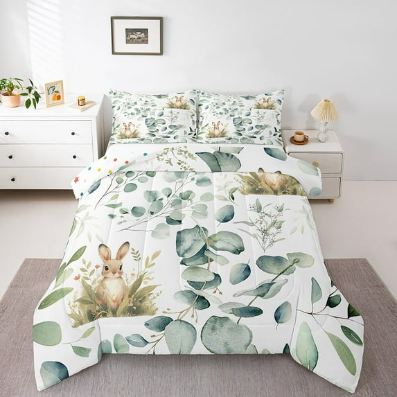 Kawaii Animal Full Bedding Sets Cute Rabbit Comforter Set, Cartoon Wildlife Bedding Comforter Sets Green Leaf Duvet Insert, Spring Plant Down Comforter Bedroom Decor