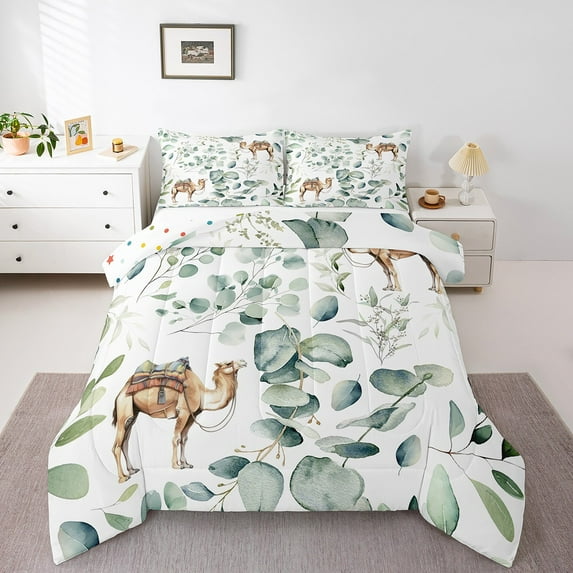 Kawaii Animal King Comforter Set Cute Camel Bedding Set King, Cartoon Wildlife Bedding Comforter Sets Green Leaf Duvet Set, Spring Plant Quilted Comforter Bedroom Decor