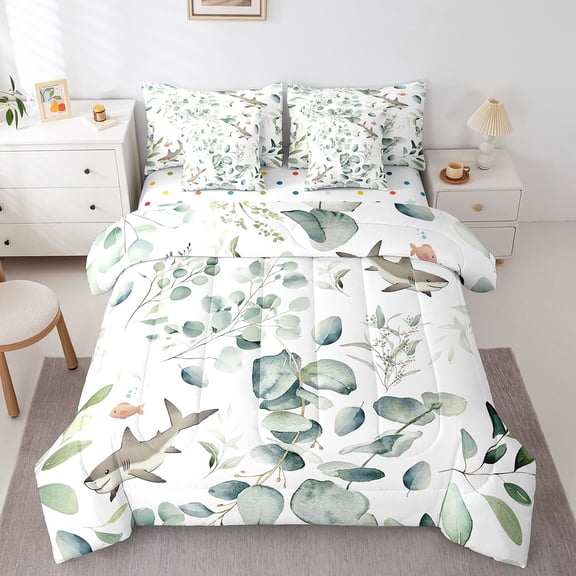 Erosebridal Kawaii Animal Twin Comforter Set 7 Pieces Cute Shark Bedding Comforter Sets, Cartoon Wildlife Bed in a Bag Green Leaf Bedding Set, Spring Garden Bed Sheets Set Bedroom Decor