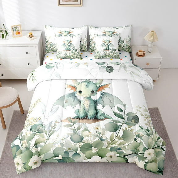 Kawaii Magic Animal Bed in a Bag 7-Piece Cute Dragon Bedding Set, Cartoon Wildlife Twin Comforter Set Green Leaf Bedding Comforter Sets, Spring Garden Bed Set Bedroom Decor