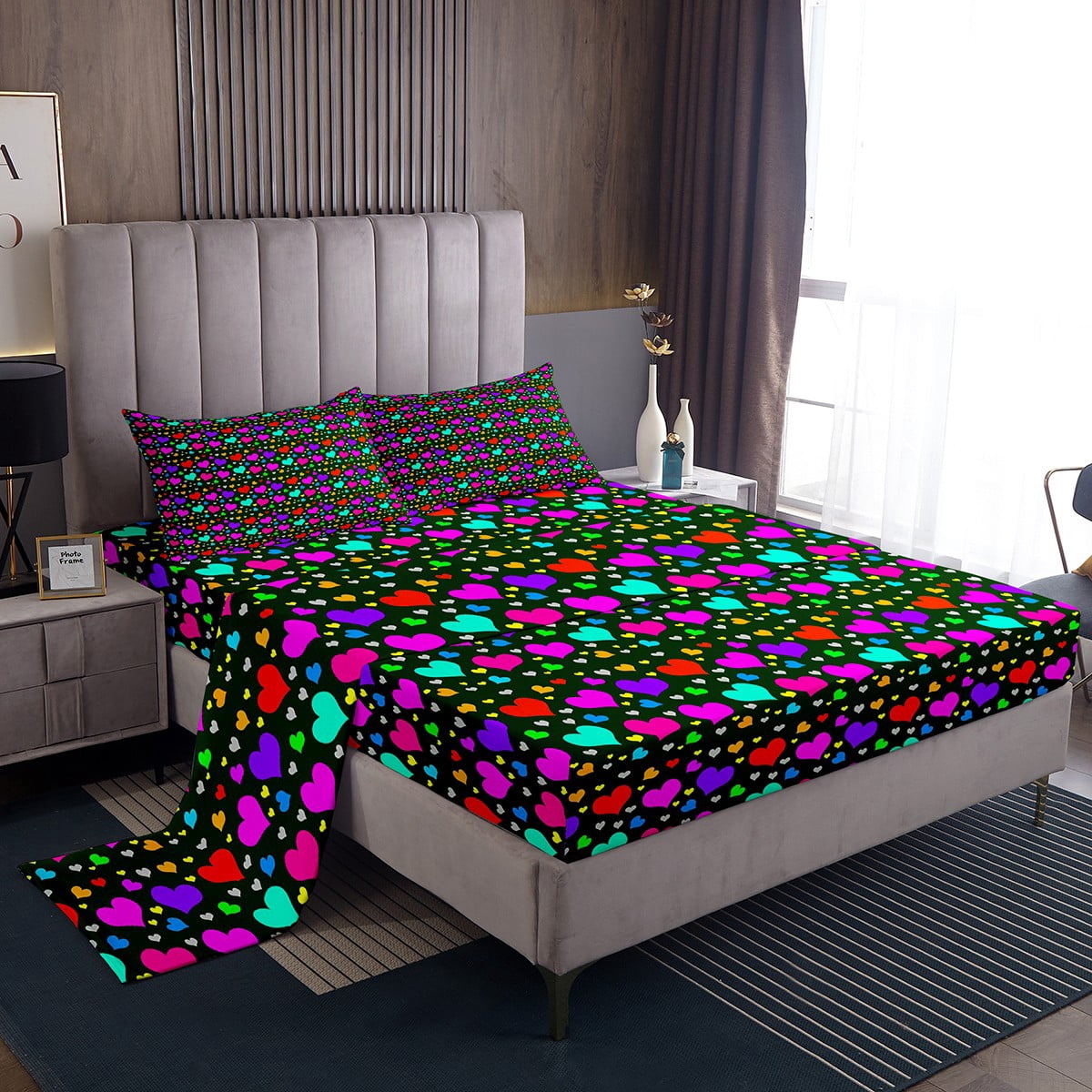 YST Girls Love Heart Bed Sheets Set Rainbow Heart Print Twin Size Sheet ...