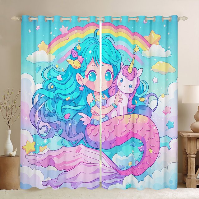 YST Girls Mermaid Curtains Cute Unicorn Curtains & Drapes for Kids