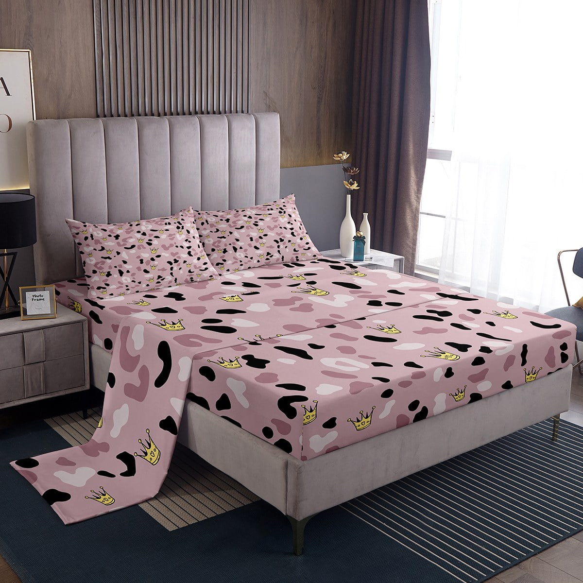 YST Girls Pink Bed Set Girly Leopard Print Bed Sheets Set, Chic