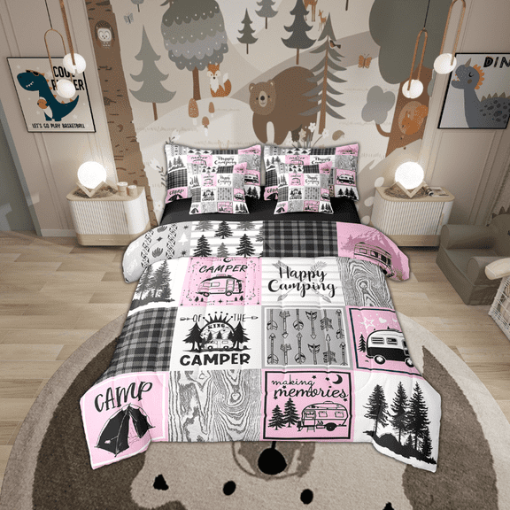 Pink Camper Queen Bedding Set With Sheets 7 Piece Camping Comforter Set Rv Camper Accessories For Travel Trailers Bed In A Bag,Black Grey Buffalo Plaid Pine Tree Arrow Bed Set