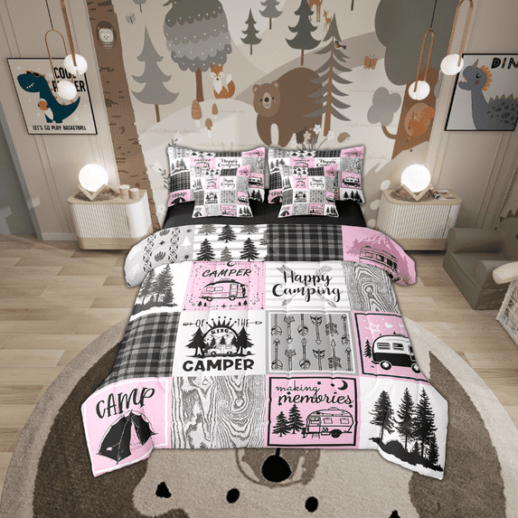 Erosebridal Pink Camper Twin Bedding Set With Sheets 7 Piece Camping Comforter Set Rv Camper Accessories For Travel Trailers Bed In A Bag,Black Grey Buffalo Plaid Pine Tree Arrow Bed Set