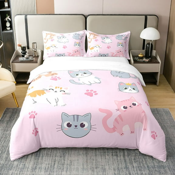Pink Cat 100% Organic Cotton Duvet Cover Twin Size 2Pcs,Kawaii Cat Bedding Set s,Cute Cat Paw Comforter Cover,Cartoon Poultry Animal Quilt Cover with 1 Pillowcase (No Comforter)