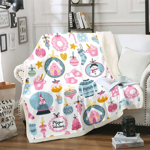 Pink Christmas Throw Blanket, Cute Christmas Snowman Fleece Blanket Twin 60"X80" For Bed Couch,Xmas Decoration Ball Sherpa Blanket,Winter New Year Holiday Flannel Blanket