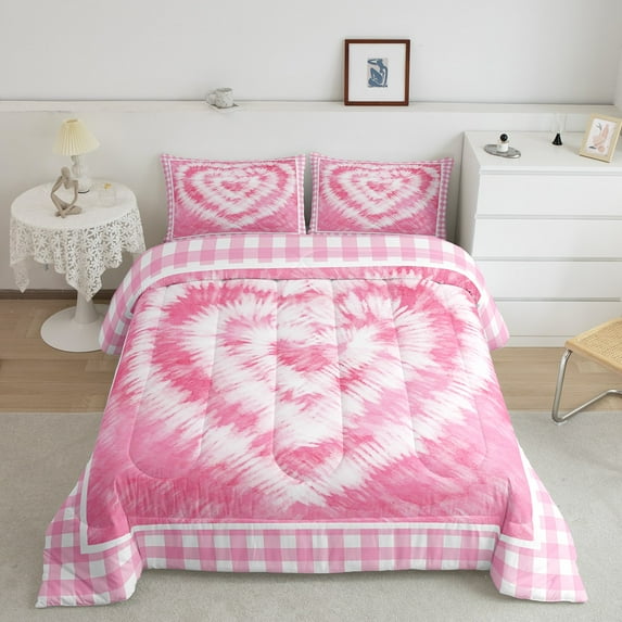 Pink Comforter King Pastel Love Heart Bedding Set, Buffalo Plaid Down Comforter Hippie Bohemian Bed Set, Pink Cowhide Quilted Duvet Geometric Grid Checkered Decor