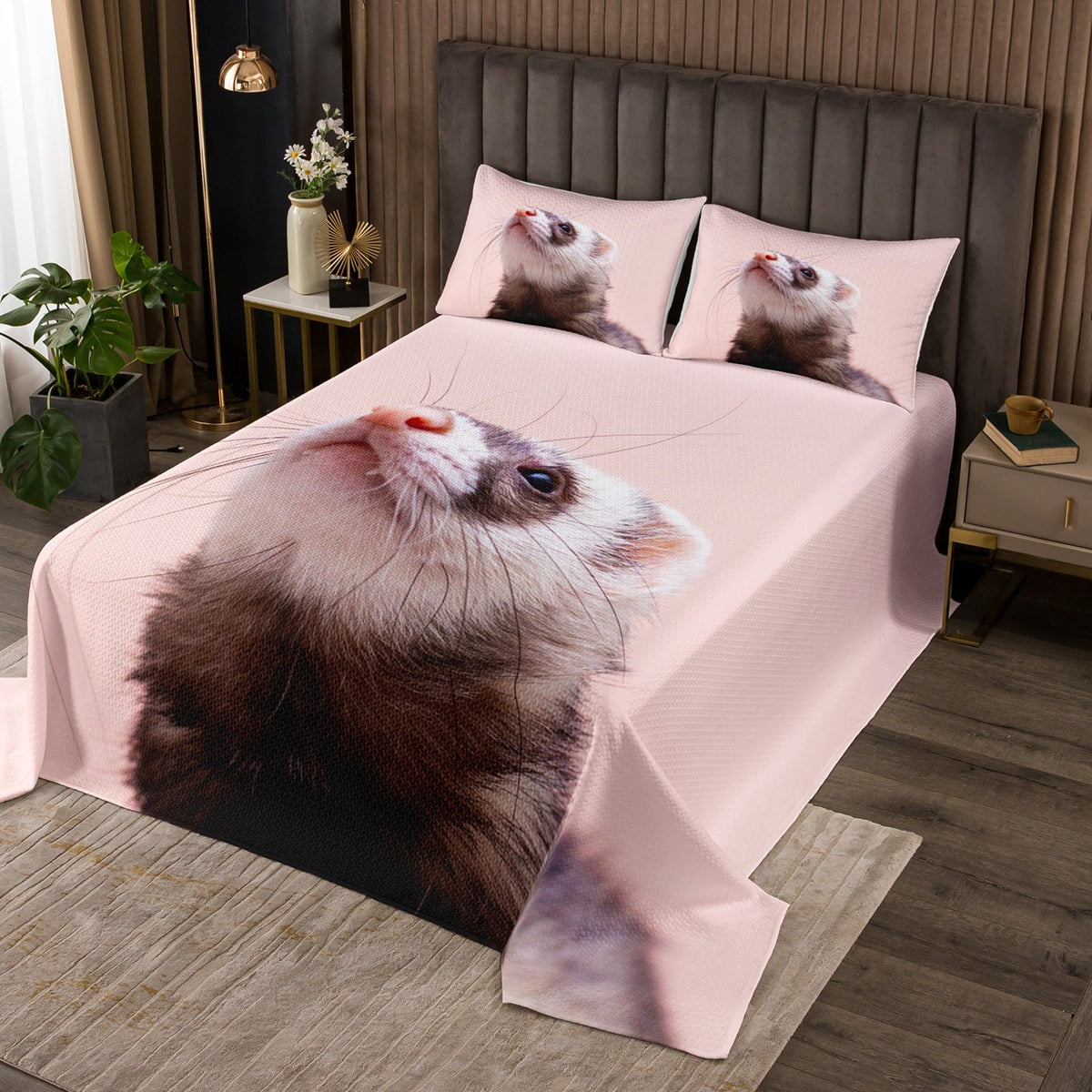YST Girls Pink Coverlet King Size for Kids Cute Ferret Bedding Set, Pet