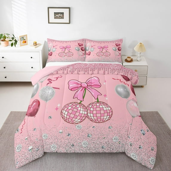 Pink Disco Ball Bedding Set King Size Pink Bow Comforter Set Romantic Pink Balloons Bedding, Cute Preppy Cowgirl Decor Duvet Insert for Bedroom, 1 Comforter 2 Pillowcases