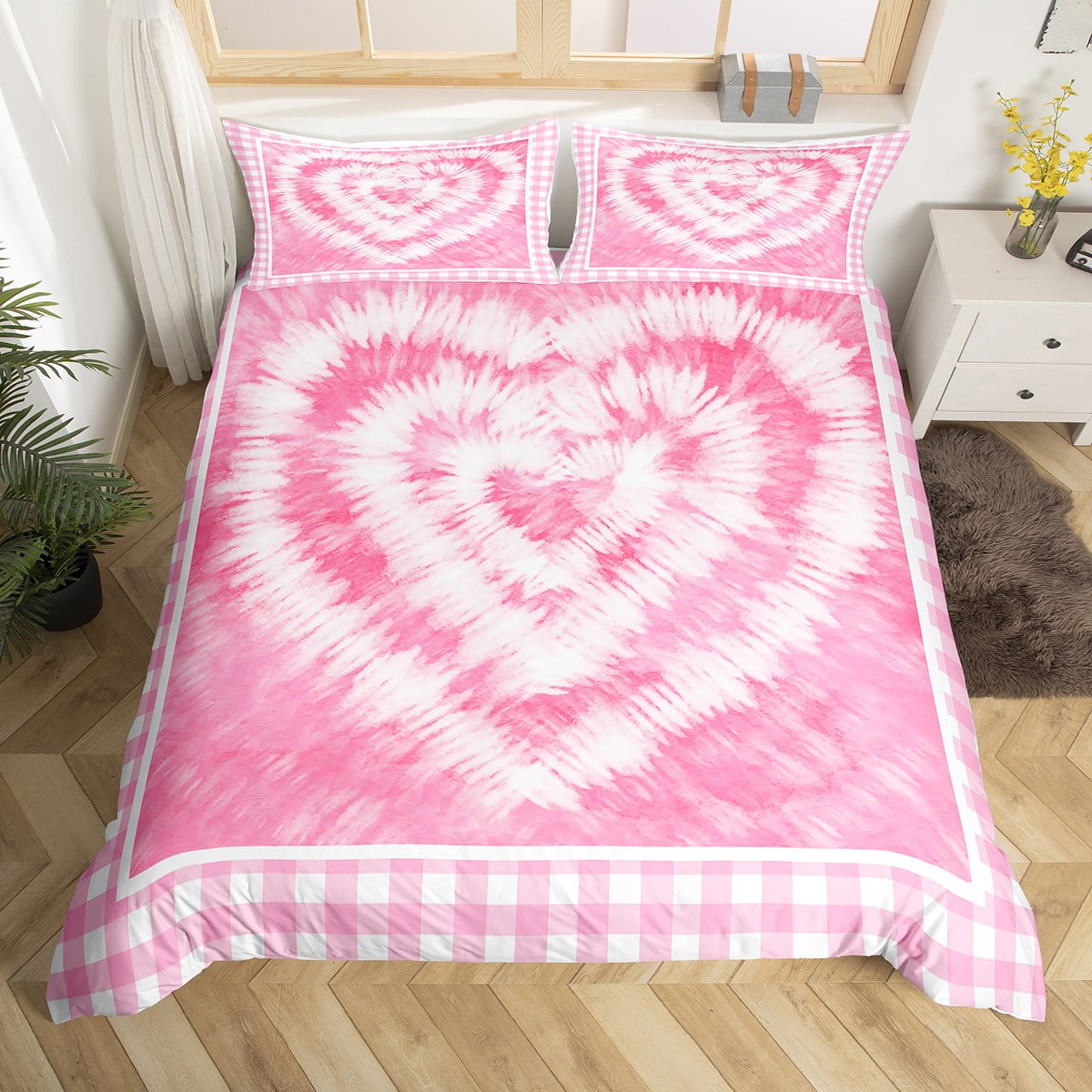 Pink Duvet Cover Queen Pastel Love Heart Bedding Set, Buffalo Plaid ...