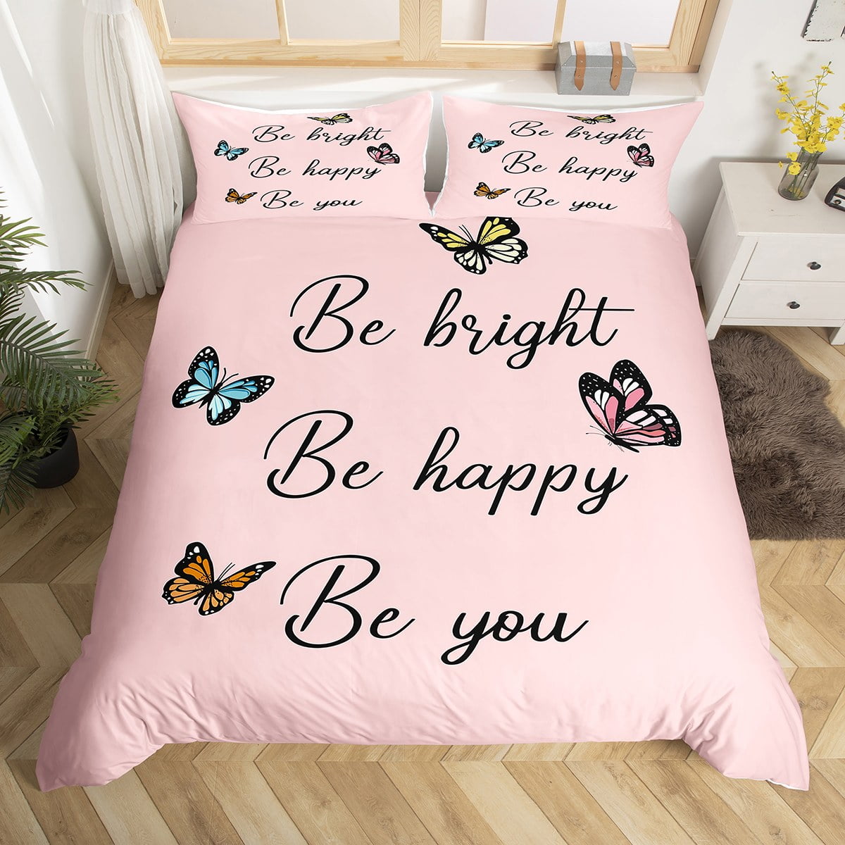 YST Girls Pink Duvet Cover Queen Rainbow Butterfly Bedding Set