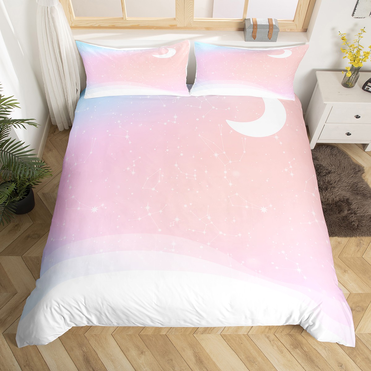 YST Girls Pink Duvet Cover Twin Rainbow Galaxy Bedding Set, Moon Print