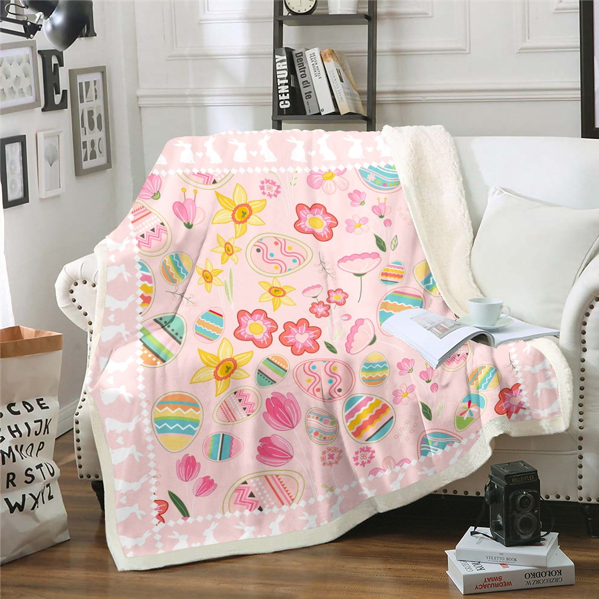YST Girls Pink Easter Throw Blanket Throw 50 X60 Easter Eggs Fleece Blanket Gifts For Kids Women Cute Easter Rabbits Sherpa Blanket Colorful Rustic