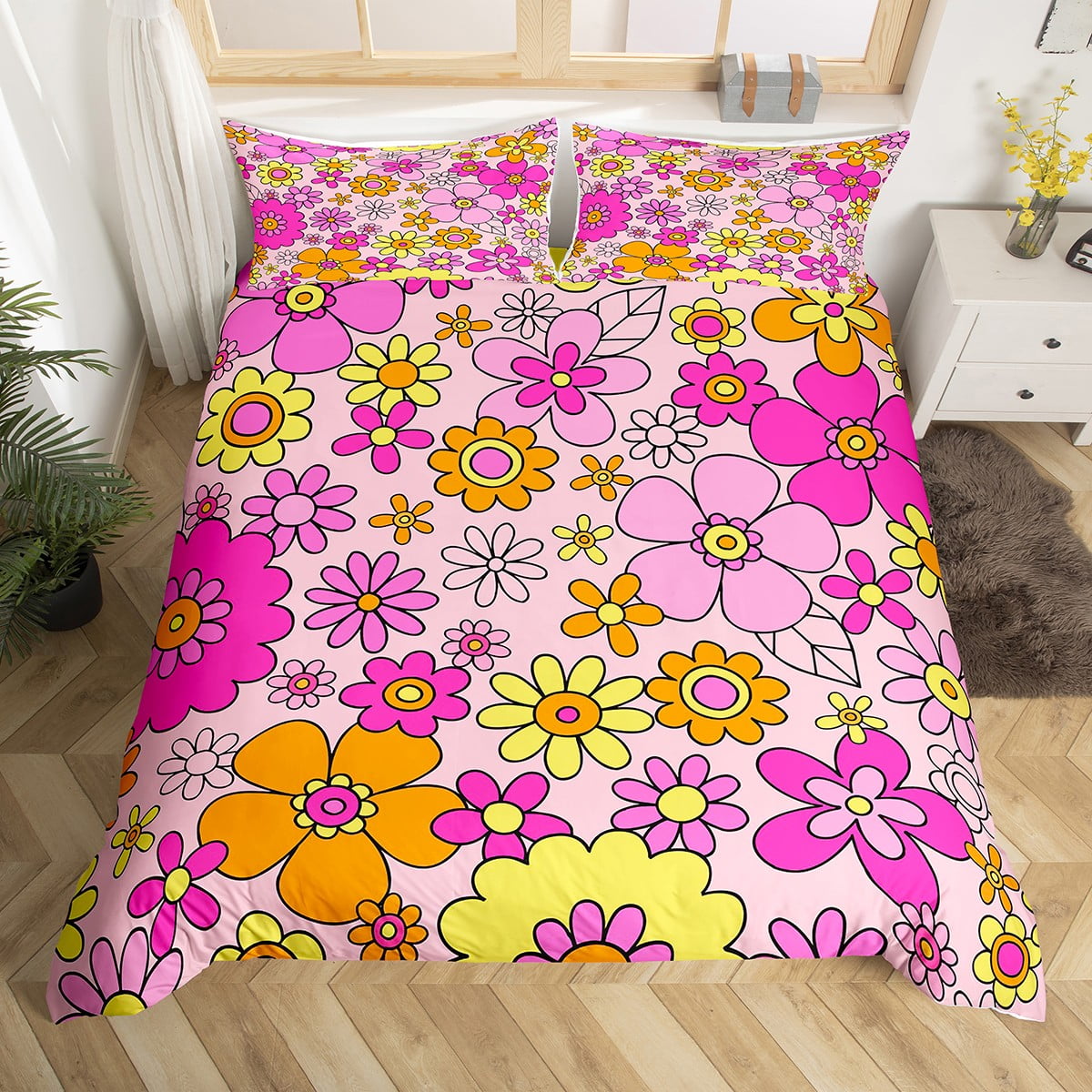 YST Girls Pink Flowers Comforter Cover Twin,Psychedelic Groovy Floral