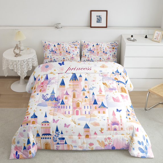 Erosebridal Princess Bedding Full Size Cartoon Castle Pink Comforter Set, Blooming Flowers Bedding Comforter Sets Rainbow Floral Duvet Insert Pink Butterfly Rainbow Quilt