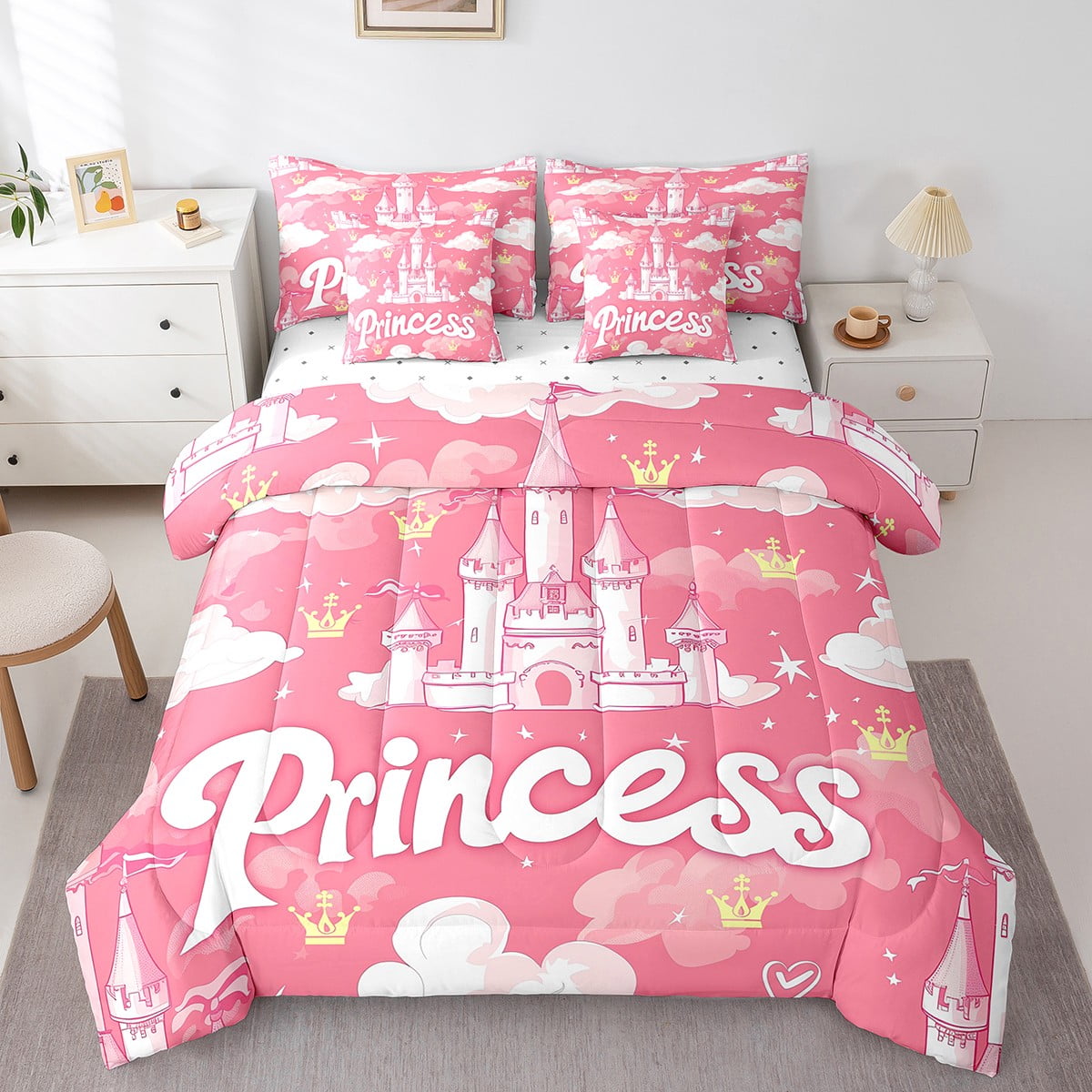 Erosebridal Princess Comforter Set Twin Size Pink Magical Castle Bed In ...