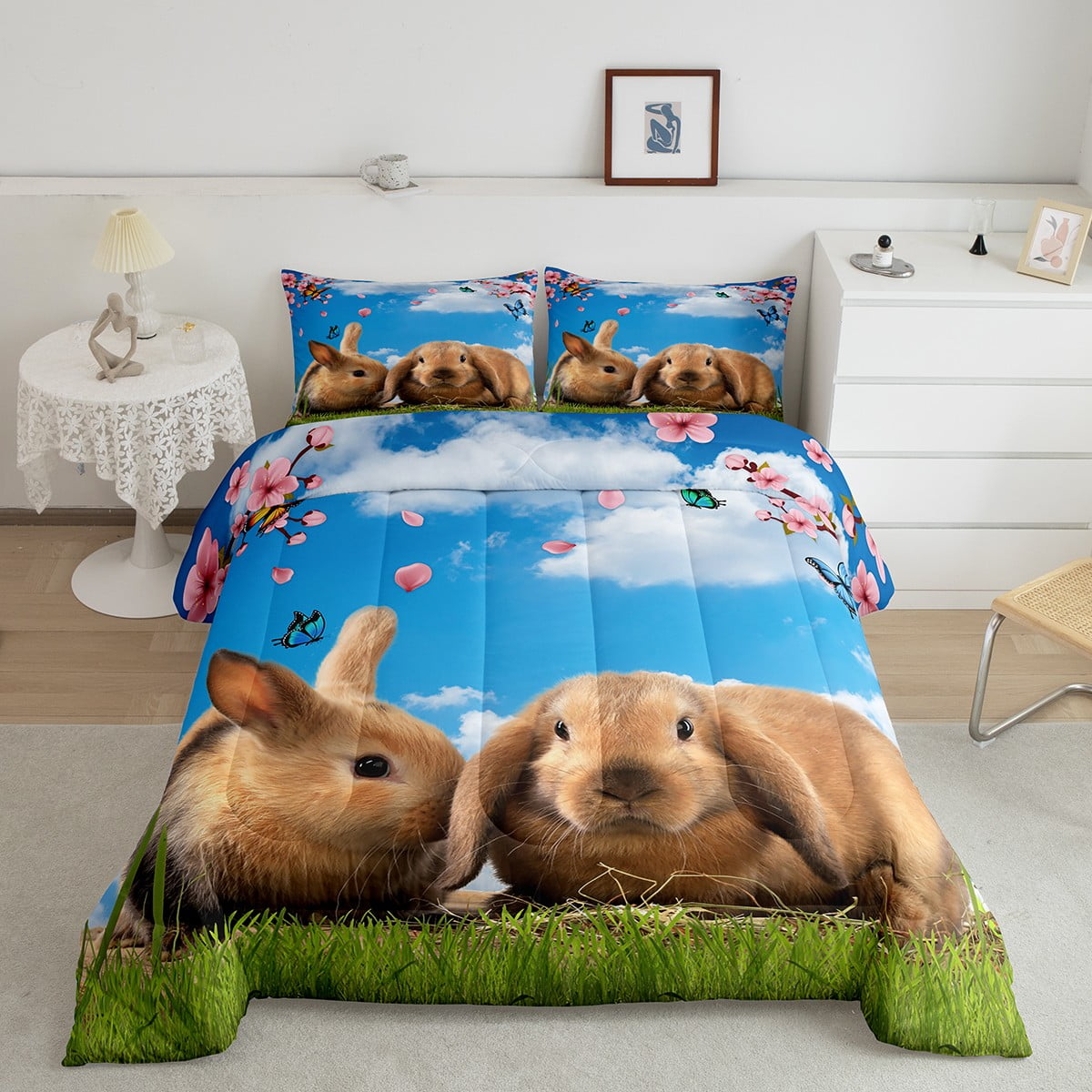 YST Girls Rabbit Comforter Set Twin Cute Bunnies Bedding Set, Chic Cherry Blossoms Bedding