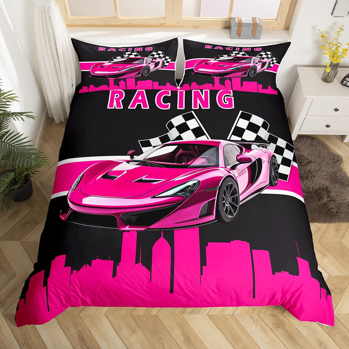YST Girls Racing Car Bed Set Extreme Sports Duvet Cover Twin Size