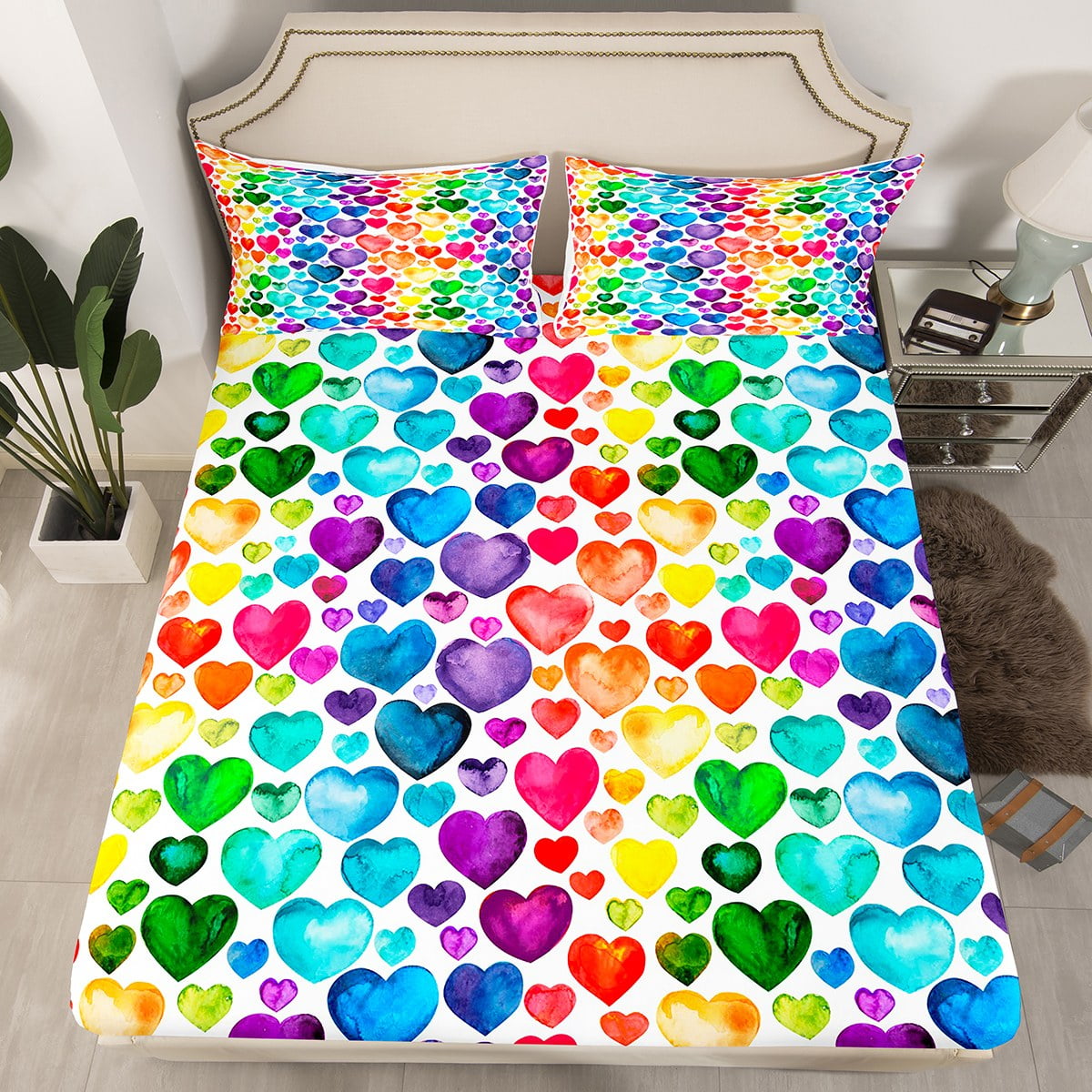 YST Girls Rainbow Bed Sheets Watercolor Tie Dye Fitted Sheet Full Size