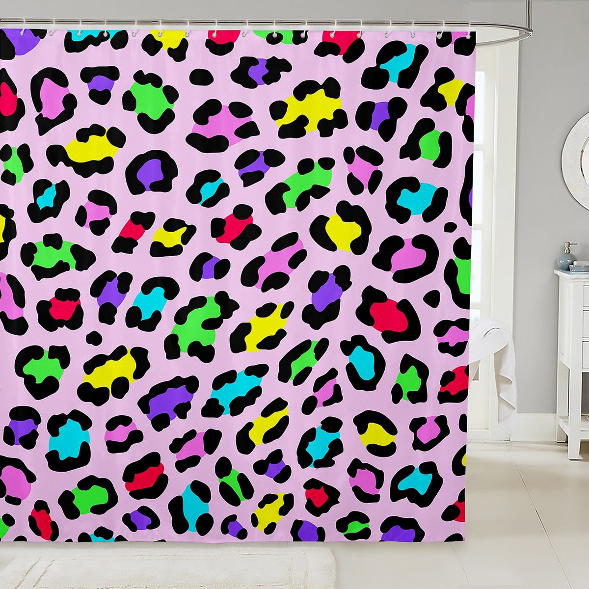 YST Girls Rainbow Cheetah Print Bathroom Curtain Colorful Leopard Print Bath Curtain, Woodland