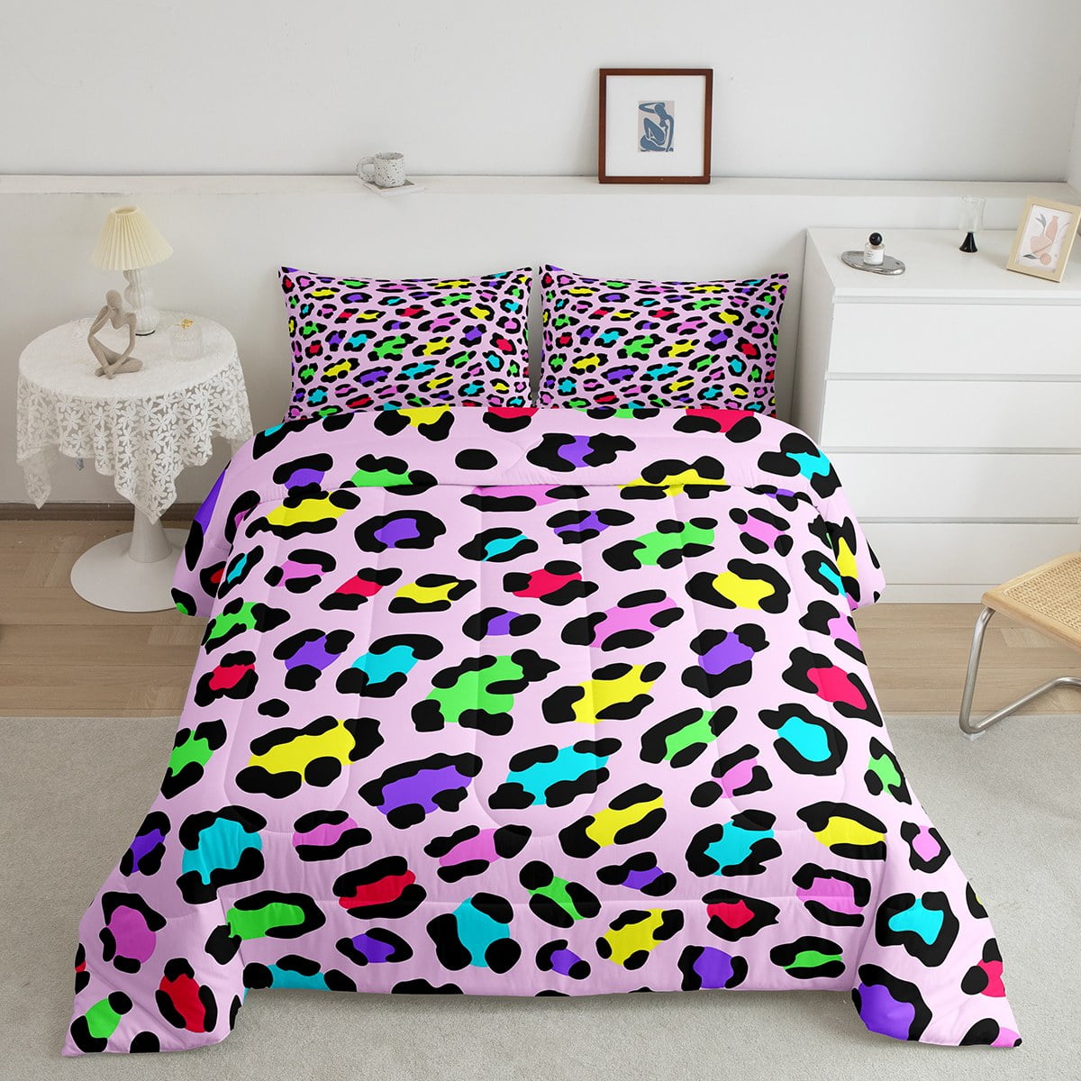 YST Girls Rainbow Cheetah Print Comforter Set Queen Colorful Leopard