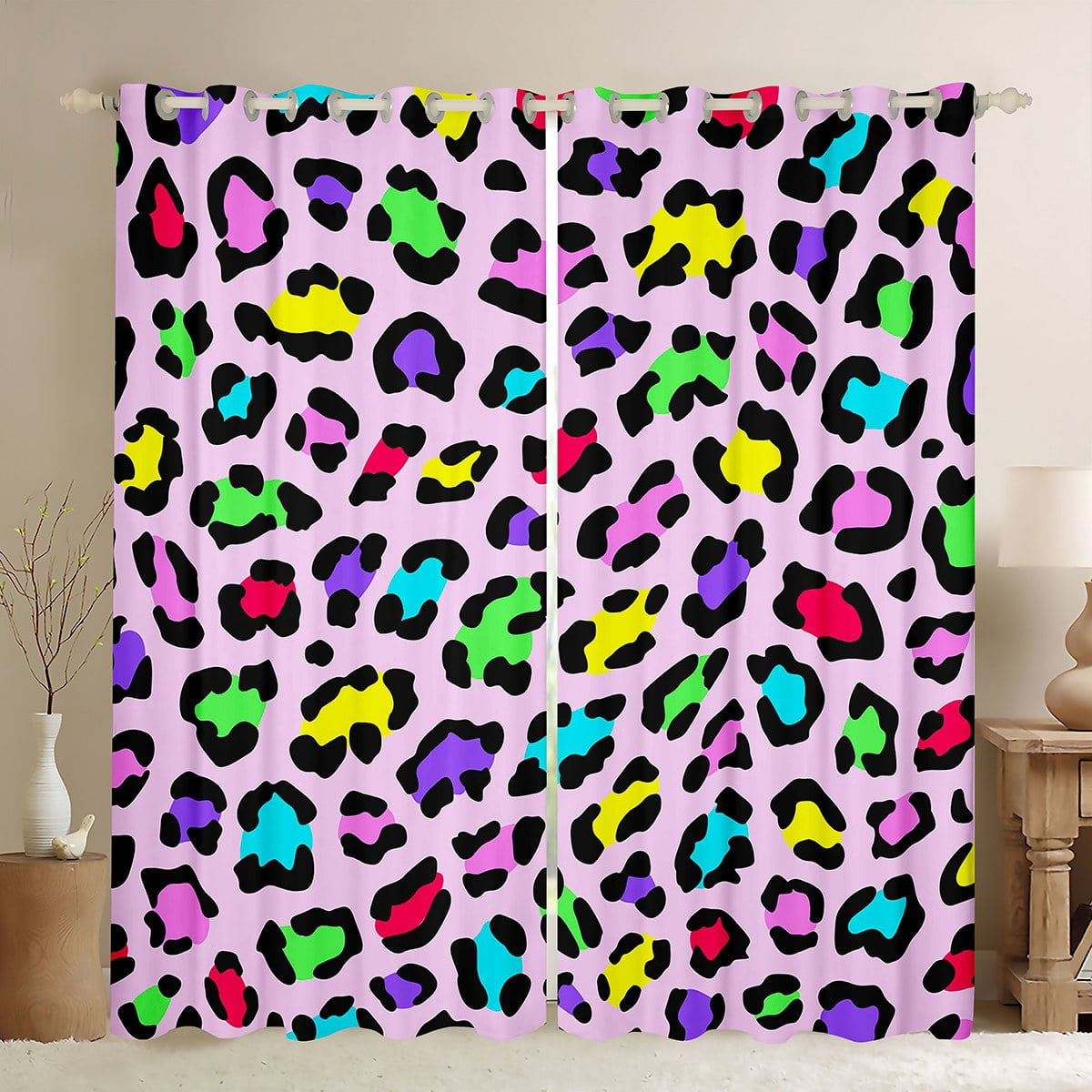 YST Girls Rainbow Cheetah Print Curtains & Drapes Colorful Leopard