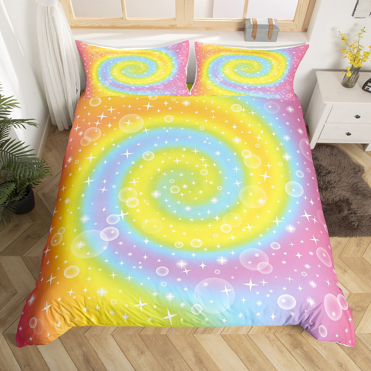 YST Girls Rainbow Comforter Cover Colorful Galaxy Bed Set for Kids