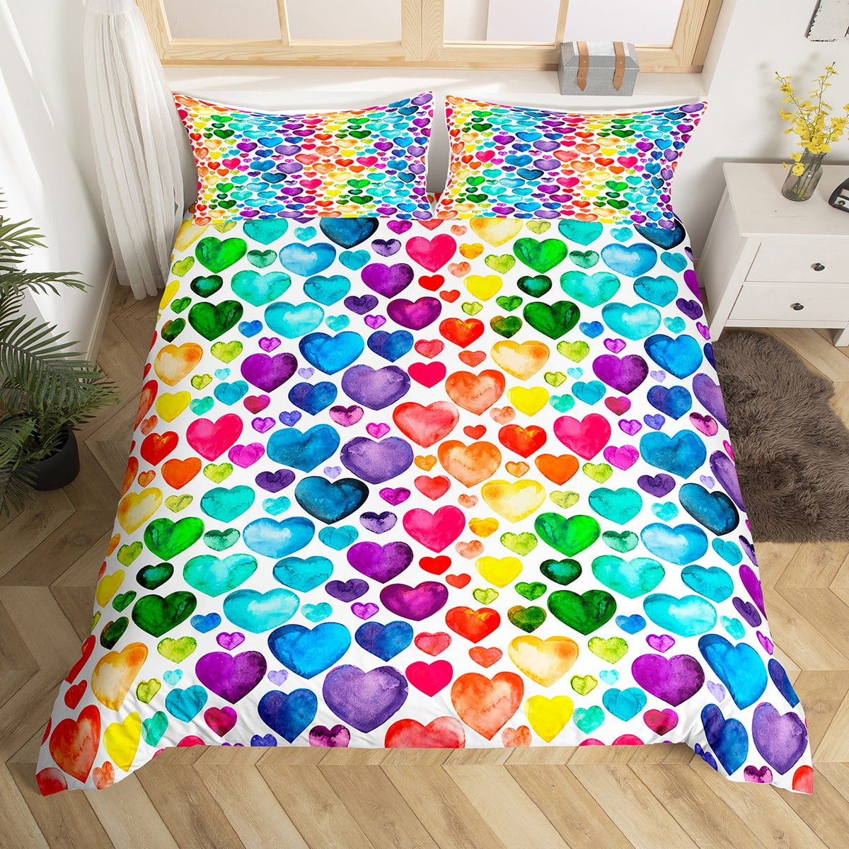 YST Girls Rainbow Comforter Cover Watercolor Tie Dye Bed Set, Cute Love