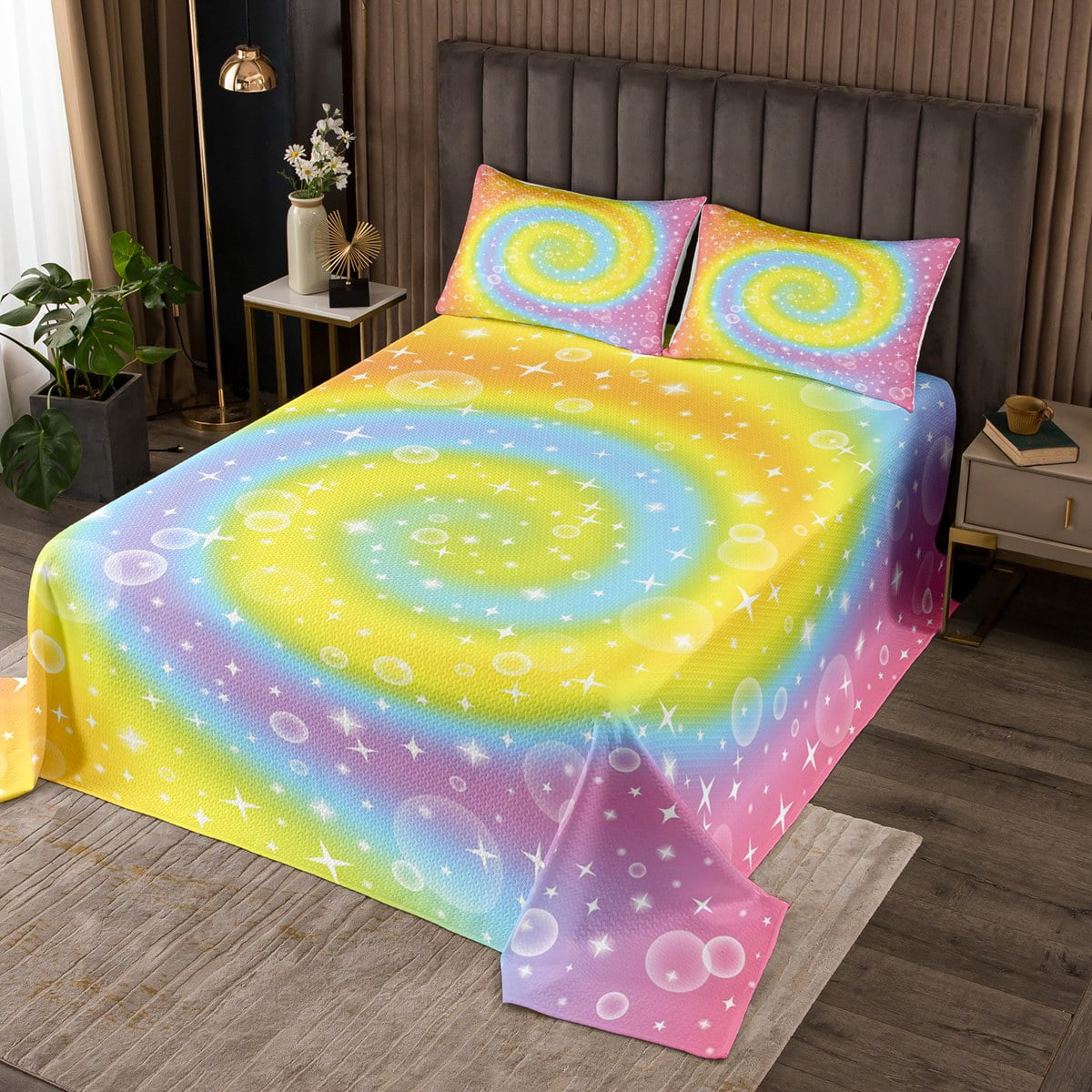 YST Girls Rainbow Coverlet King Size Colorful Galaxy Bedding Set for