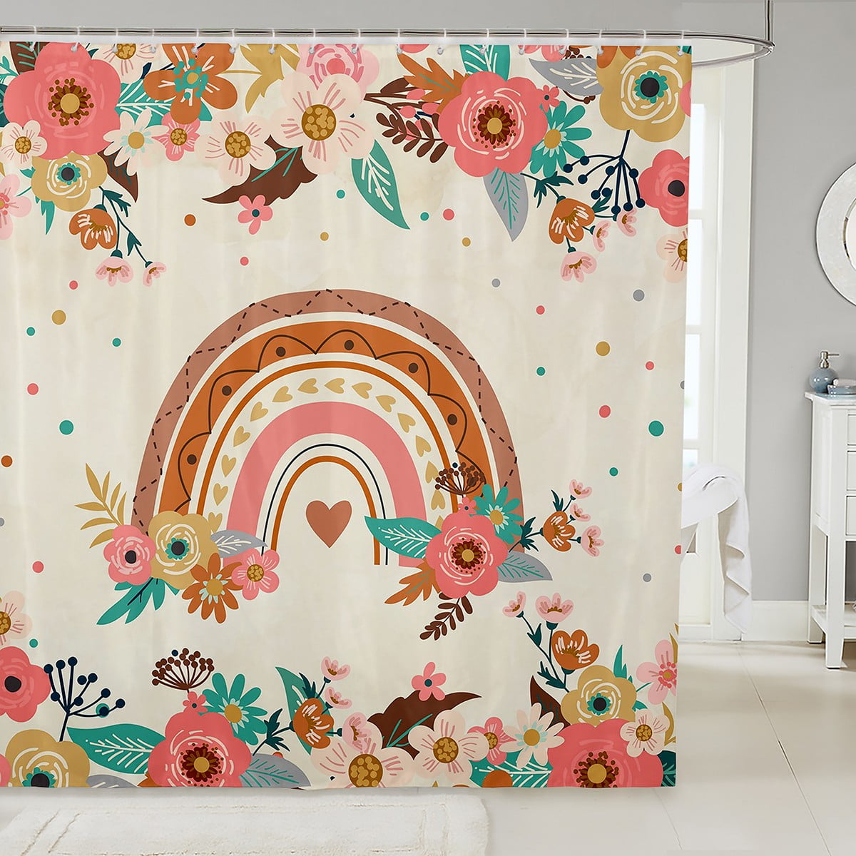 YST Girls Rainbow Shower Curtain 72"Wx72"L Colorful Bohemian Flowers