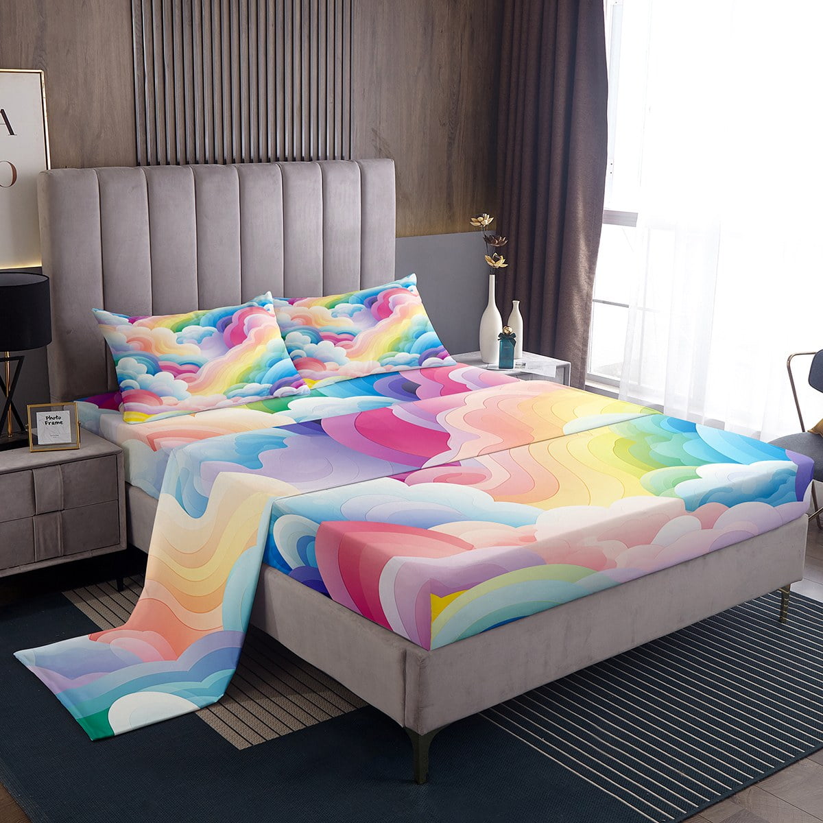 Rainbow Twin Sheets Colorful Cloud Bed Set Cartoon Geometric Stripe ...