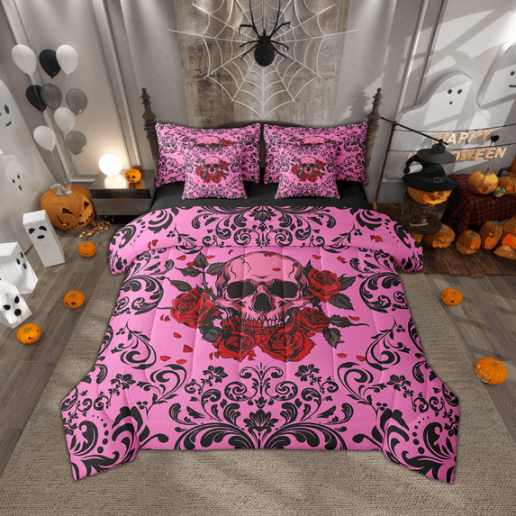 Rose Skull Comforter Set 7 Piece Twin,Pink Black Damask Floral Gothic Bedding Set With Sheet Set Halloween Skull Bed In A Bag Teen Women Goth Hippie Skeleton Bed Set