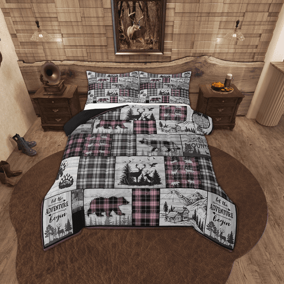 Rustic Pink Bedding Set Full Vintage Buffalo Plaid Cabin Comforter Set Hunting Bear Deer Wolf Quilt Comforter Women,Woodland Wildlife Animal Bed Duvet Set Black Grey
