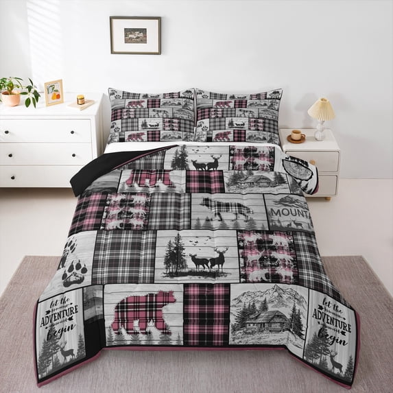 Rustic Pink Bedding Set Full Vintage Buffalo Plaid Cabin Comforter Set Hunting Bear Deer Wolf Quilt Comforter Women,Woodland Wildlife Animal Bed Duvet Set Black Grey