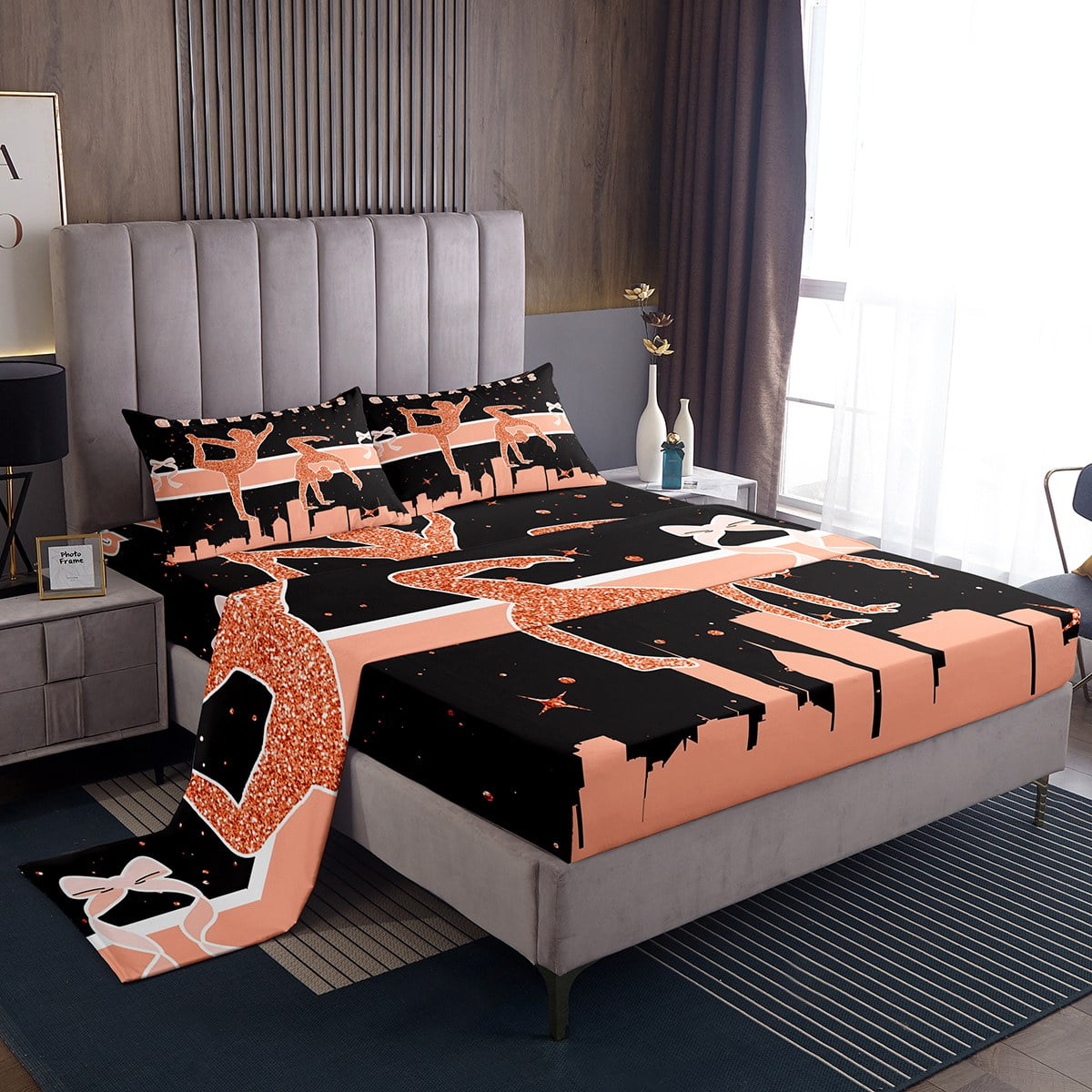 YST Girls Sport Bed Set Gymnast Bed Sheets Set, Gymnastics Dance Sheet Set King Black Girly ...