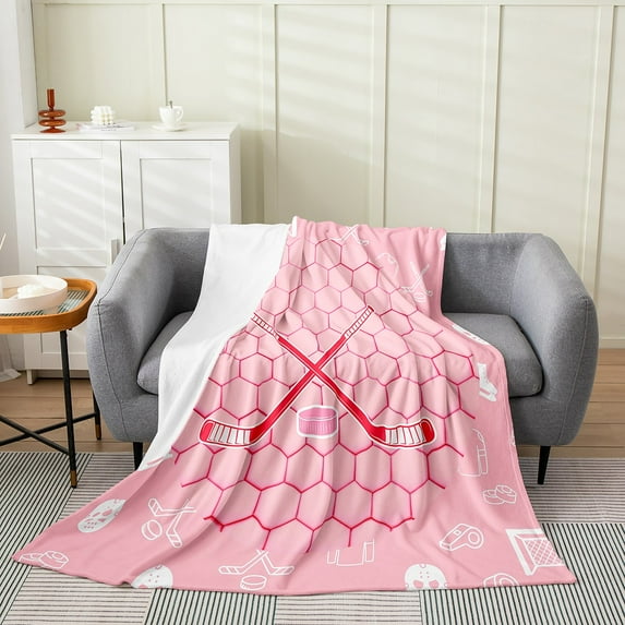 Sports Fleece Blanket 30x40 inch,Pink Ice Hockey Throw Blanket,Cute Geometric Honeycomb Sports Flannel Blanket,Hexagon Ice Hockey Bed Blanket for Sofa Bed Couch Chair Office Warm