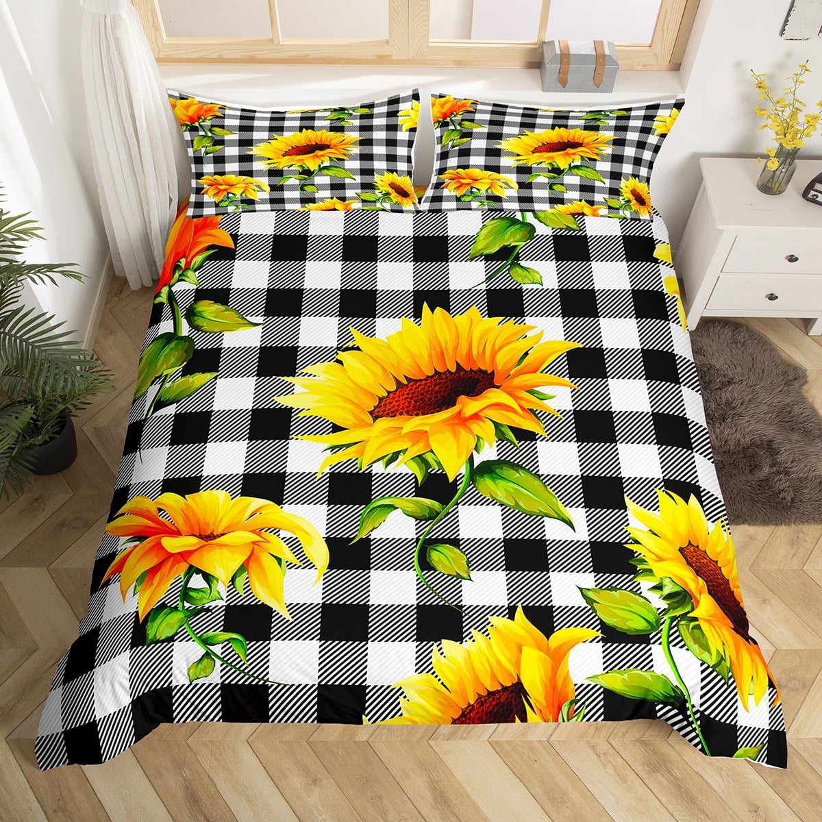 YST Girls Sunflower Comforter Cover Black White Buffalo Bed Set, Floral