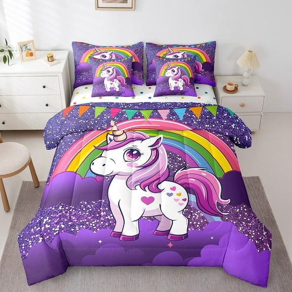 Unicorn 7 Pcs Comforter Set Twin Kawaii Rainbow Bedding Starry Stars Fantasy Horse Sheet Set Bed in A Bag Cute Dreamy Galaxy Magic Room Decor Bed Set