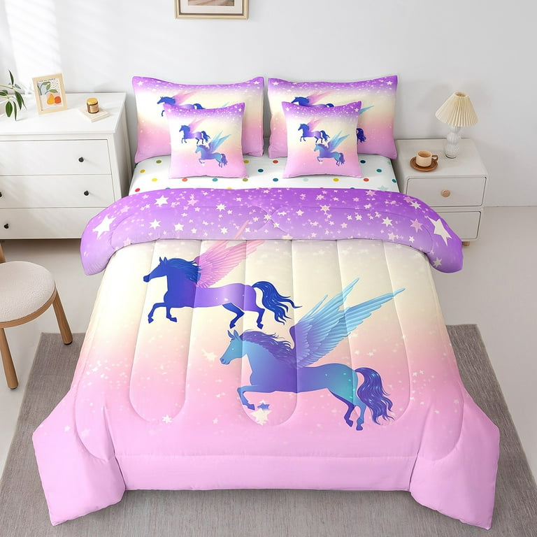 YST Girls Unicorn Bedding King Size 7pcs Magic Animal Comforter Set Glitter Stars Bedding Comforter Sets Ombre Psychedelic Aesthetic Bed in a Bag