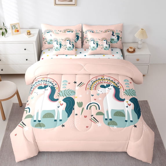 Unicorn Comforter Set 7 Piece Bed In A Bag Twin, Rainbow Unicorn Bedding Sets Bedroom Decor, Cartoon Unicorn Sheet Set With Comforter, Cute Kawaii Bed Set