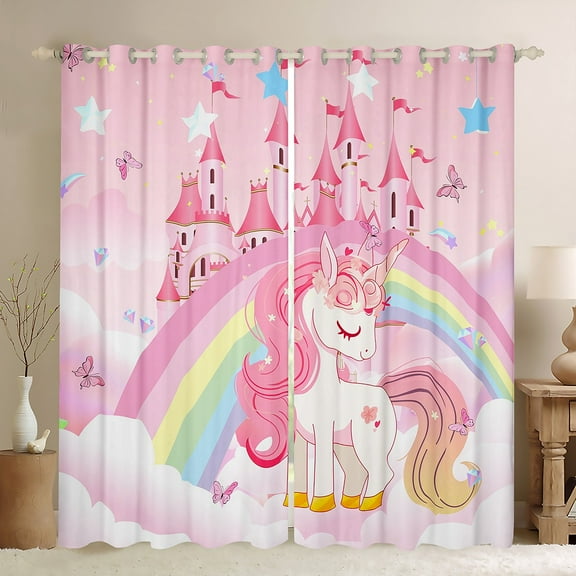 Erosebridal Unicorn Curtains 38"X54" Rainbow Princess Pink Unicorn Curtains Drapes Kawaii Cute Castle Stars Window Treatments Cartoon Horse Darkening Curtains Fantasy Room Decor