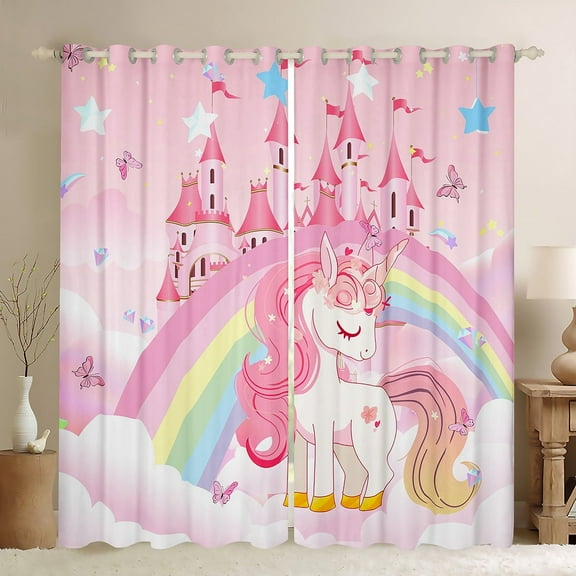 Unicorn Curtains 42"X84" Rainbow Princess Pink Unicorn Curtains Drapes Kawaii Cute Castle Stars Window Treatments Cartoon Horse Darkening Curtains Fantasy Room Decor